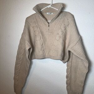 Re Made Beige Half-Zip Chunky Knit Pullover - Cropped Cable Detail